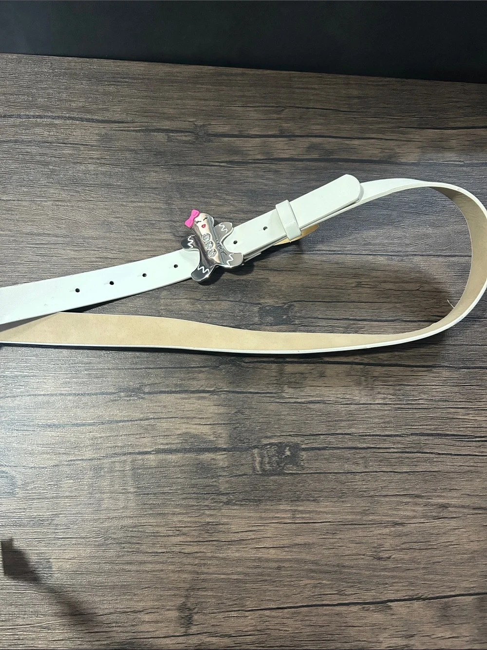 Betsey Johnson White Belt with Gingerbread Character Buckle